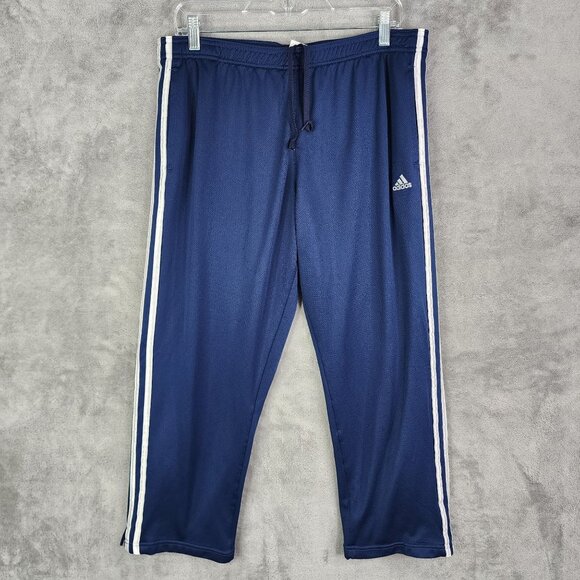 Mens Adidas Blue Athletic Track Pants w/ 3 White Stripes Hi Rise Size L - Picture 2 of 16